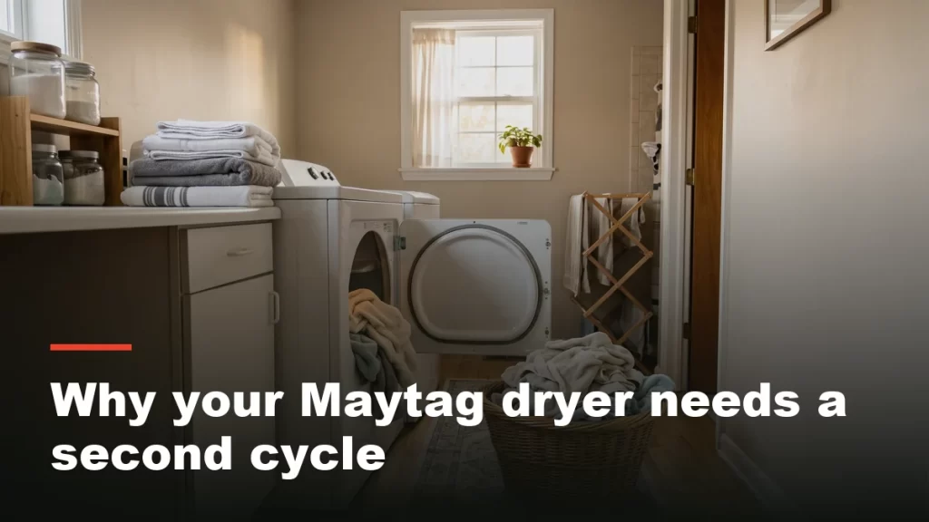 Front-load dryer with the door open beside a basket of towels