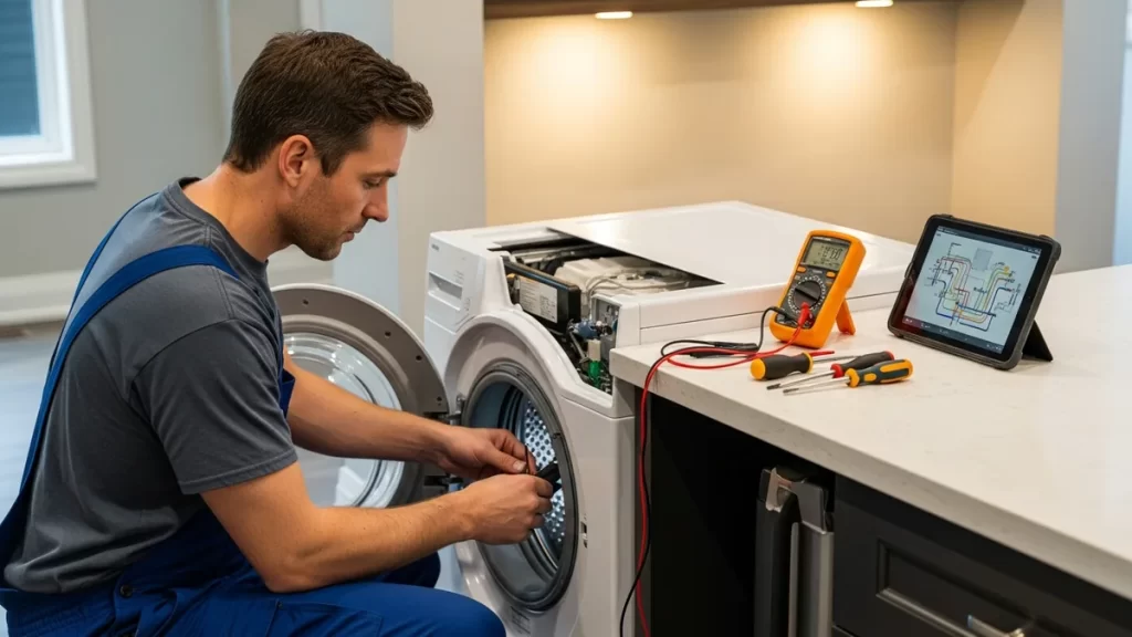 Appliance repair technician consulting with Hamilton homeowner in kitchen