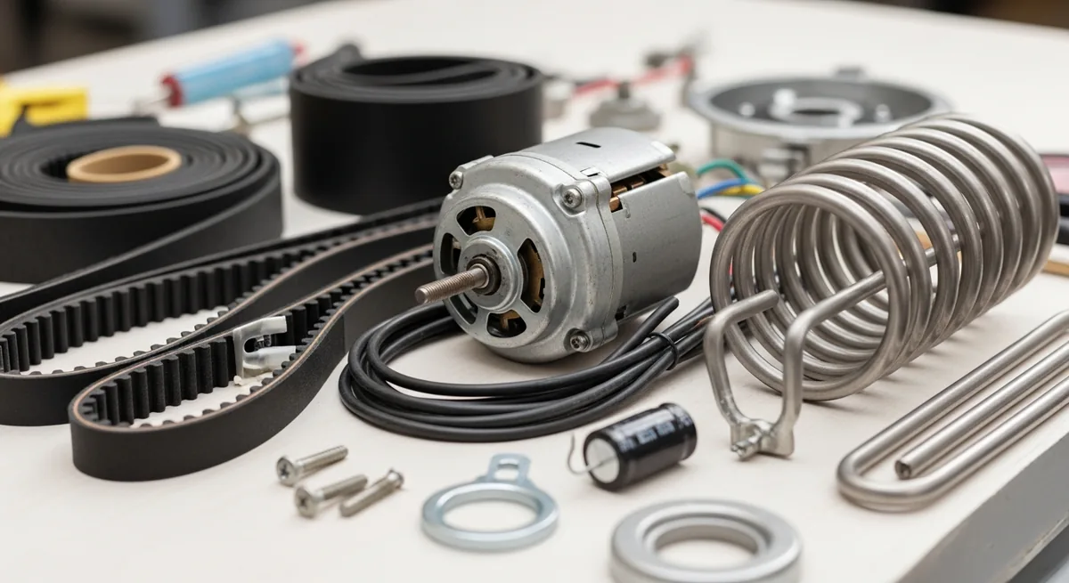 Appliance repair parts including motor and heating element on a workbench