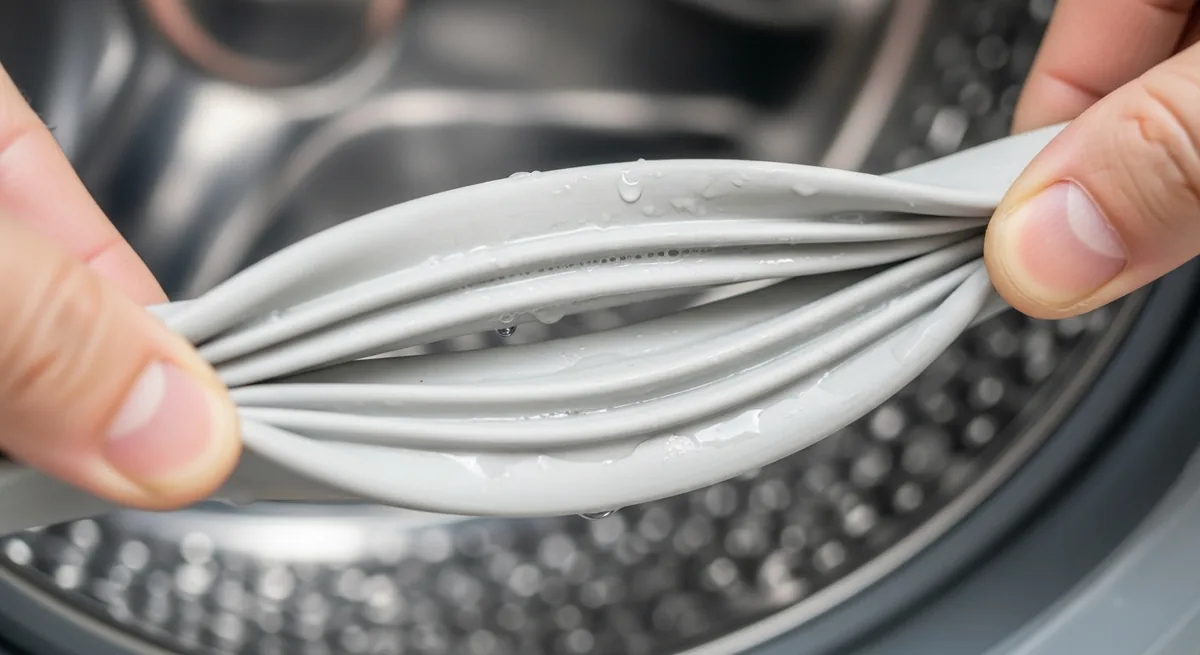 Close-up of washing machine rubber door gasket being inspected for mold