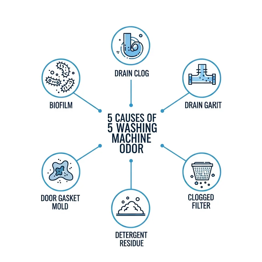 Infographic showing 5 causes of washing machine smell with icons and labels
