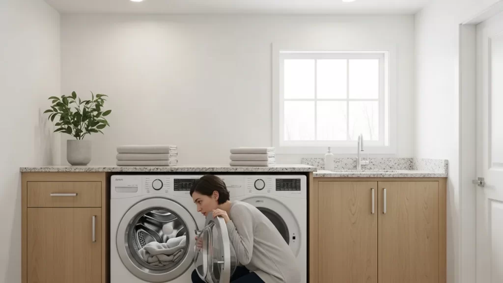 Person opening front-load washing machine with concerned expression in Hamilton laundry room