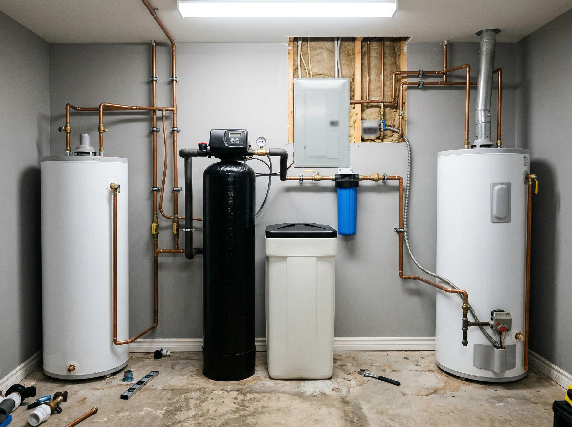Whole-home water softener installed in a Hamilton basement utility room next to a hot water tank