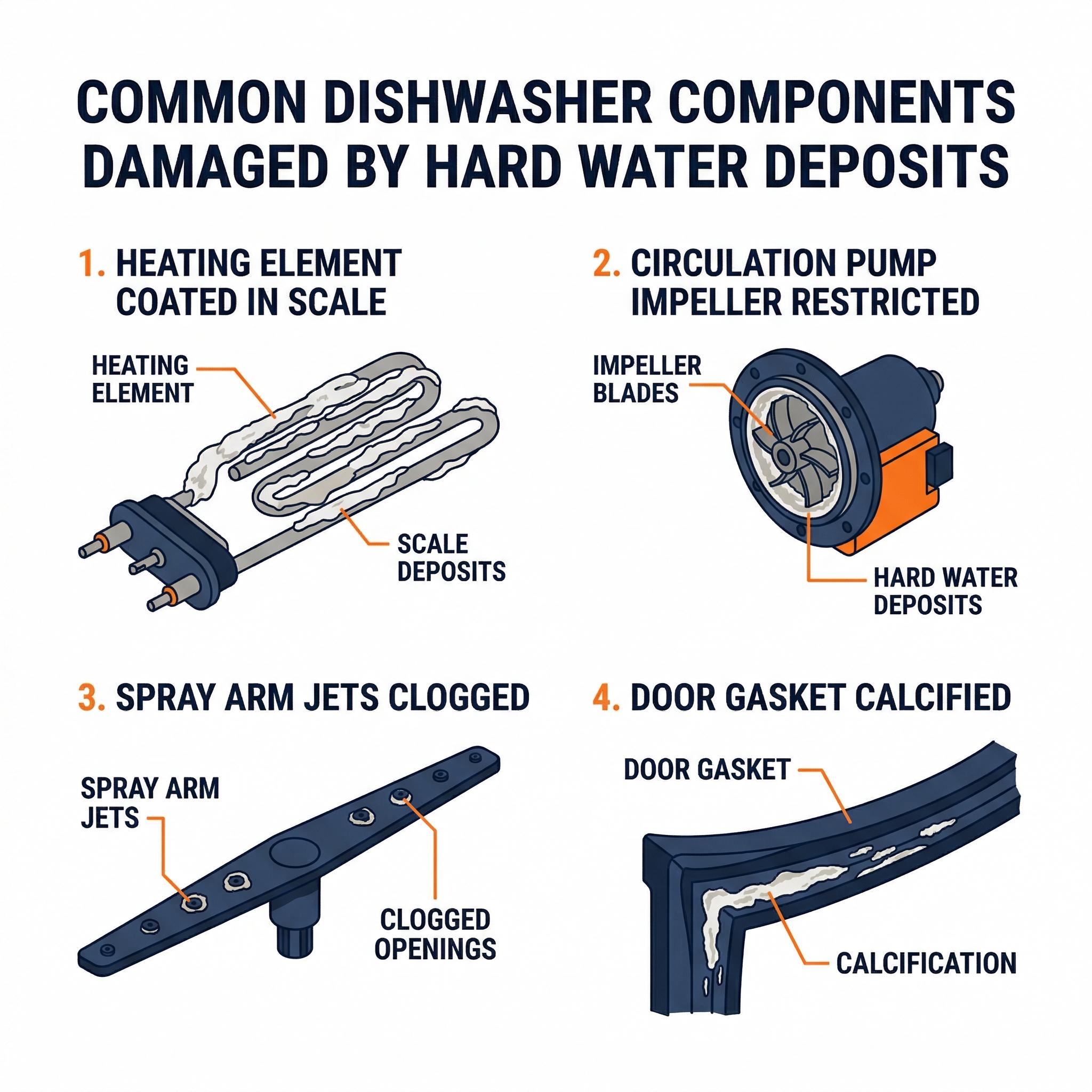 Infographic showing the four dishwasher parts most damaged by Hamilton hard water: heating element, circulation pump, spray jets, door gasket