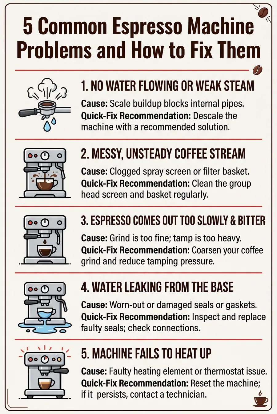 Infographic: 5 common espresso machine problems with causes and fixes