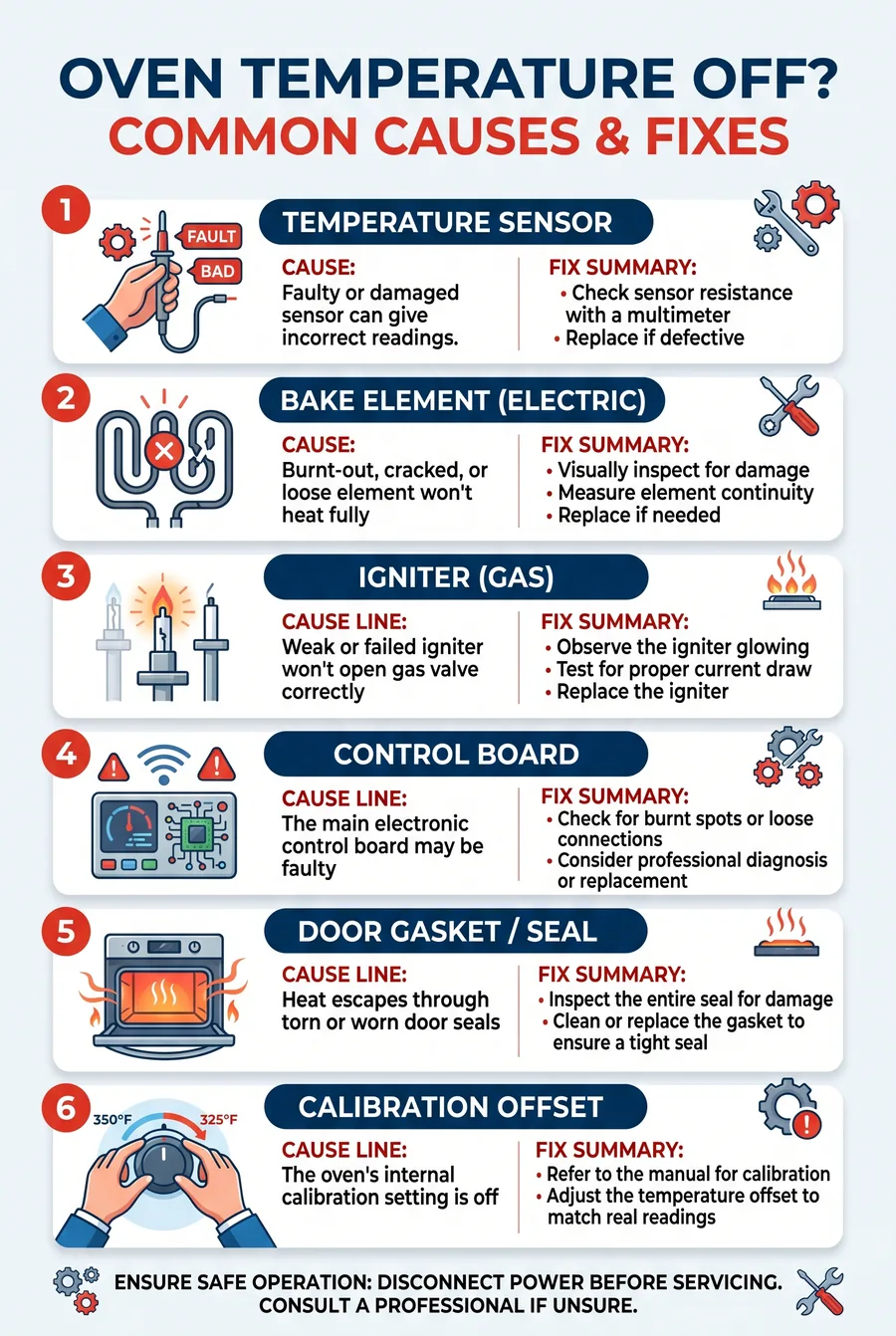 Infographic: 6 common causes of oven temperature inaccuracy with diagnostics and fixes