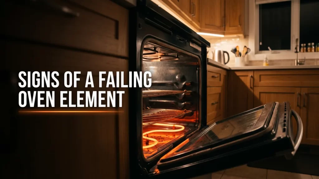 Signs of a bad oven element, a glowing electric oven bake element seen through an open oven door