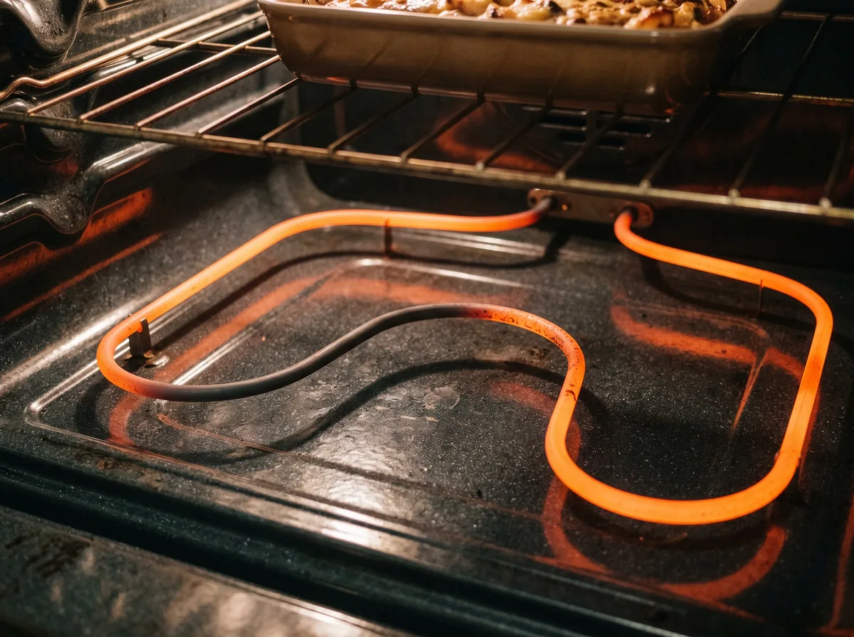 Close-up of a glowing electric oven bake element with one section noticeably darker than the rest