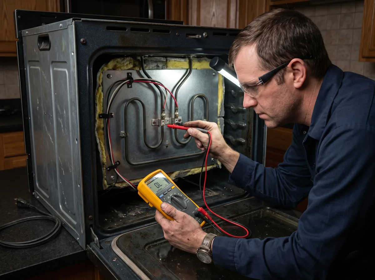 Technician using a multimeter to test the terminals of an electric oven heating element with the power off