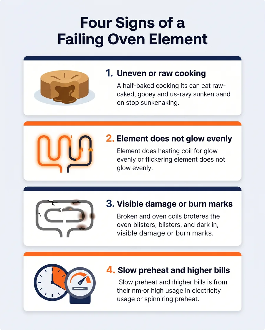 Infographic listing the four signs of a failing oven heating element with simple icons