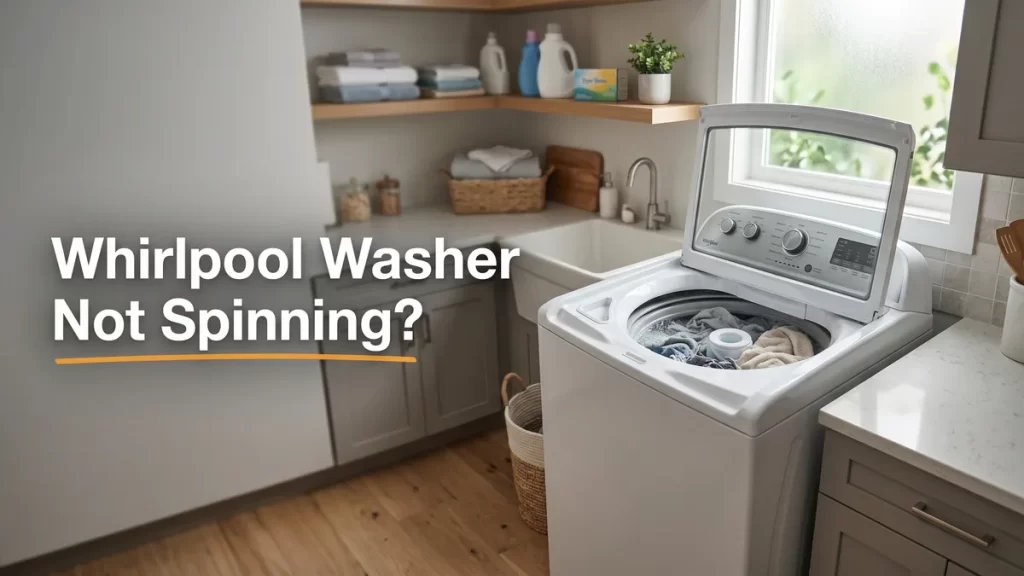 Whirlpool washer not spinning, a top-load washing machine with wet laundry in a home laundry room