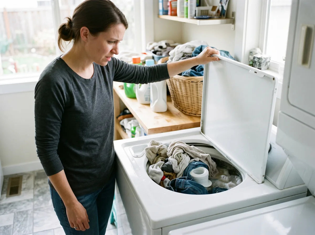 Homeowner lifting the lid of a Whirlpool top-load washer to find wet laundry that did not spin out