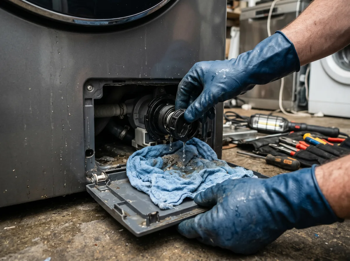 Repair technician checking the drain pump and filter at the base of a front-load Whirlpool washer