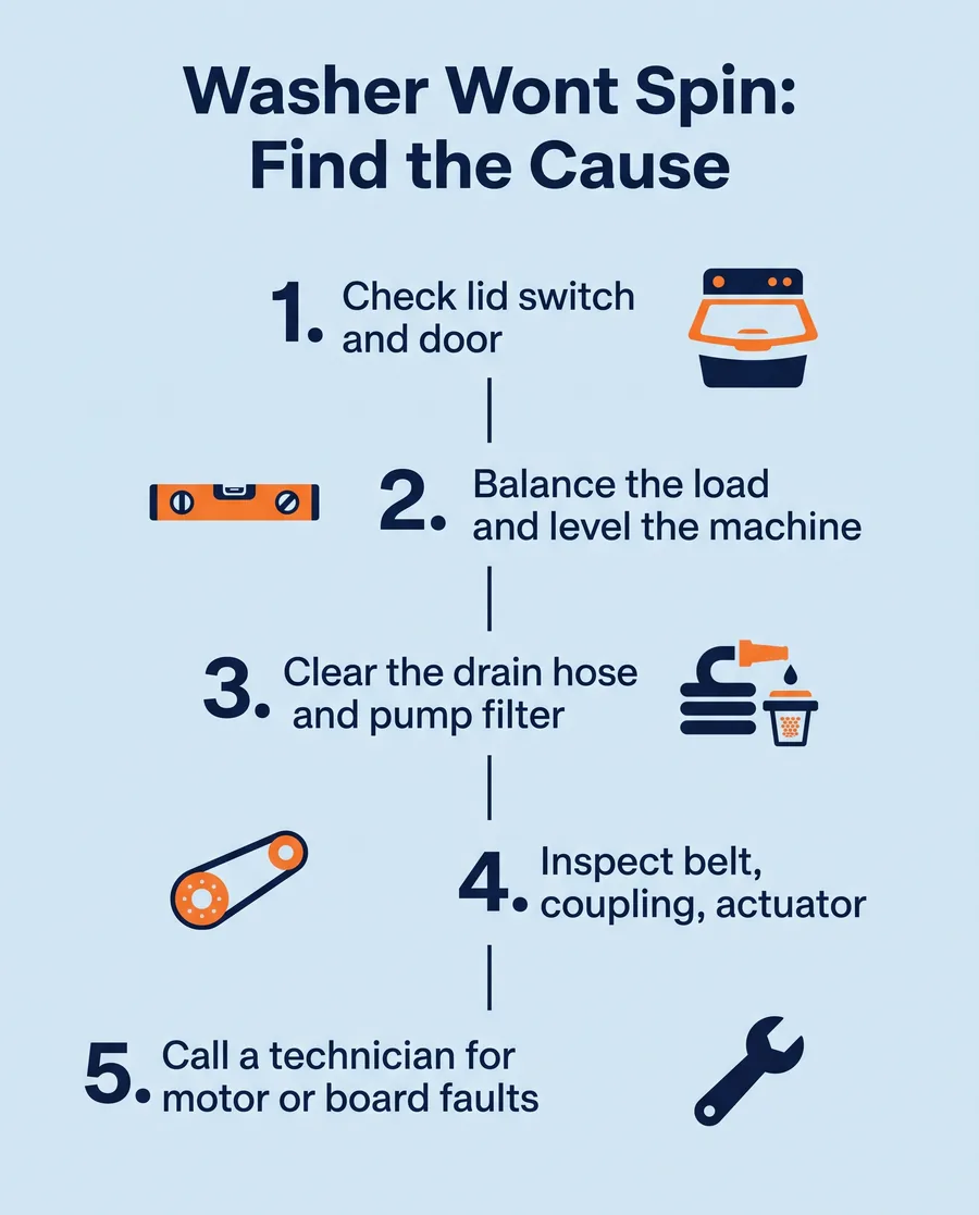Infographic flow chart for diagnosing a Whirlpool washer that will not spin, from quick checks to failed parts