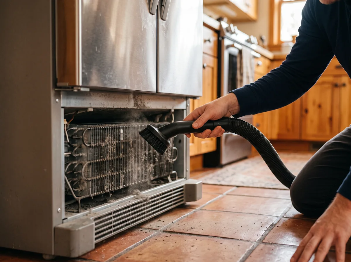 Cleaning dust off refrigerator condenser coils to maintain efficiency
