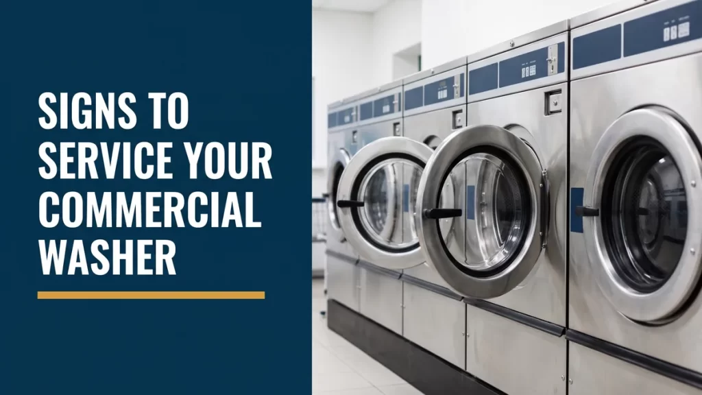 Row of commercial washing machines in a laundromat, the subject of this commercial washer maintenance guide