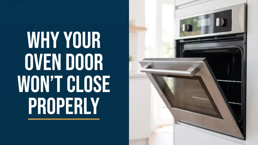 Stainless oven with a door sitting slightly ajar and crooked, showing an oven door not closing properly