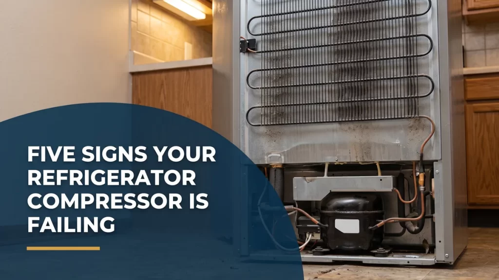 Rear of a fridge showing the compressor, illustrating signs a refrigerator compressor is failing