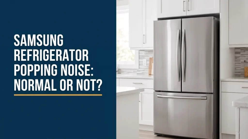 Stainless french-door fridge in a bright kitchen illustrating a Samsung refrigerator popping noise guide