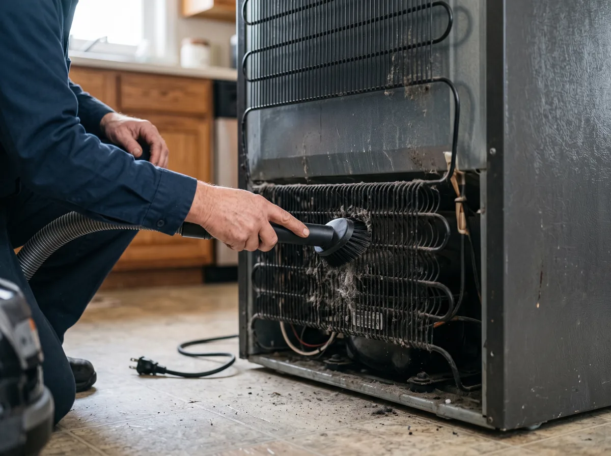 Technician cleaning dirt and dust off the back of a refrigerator coil