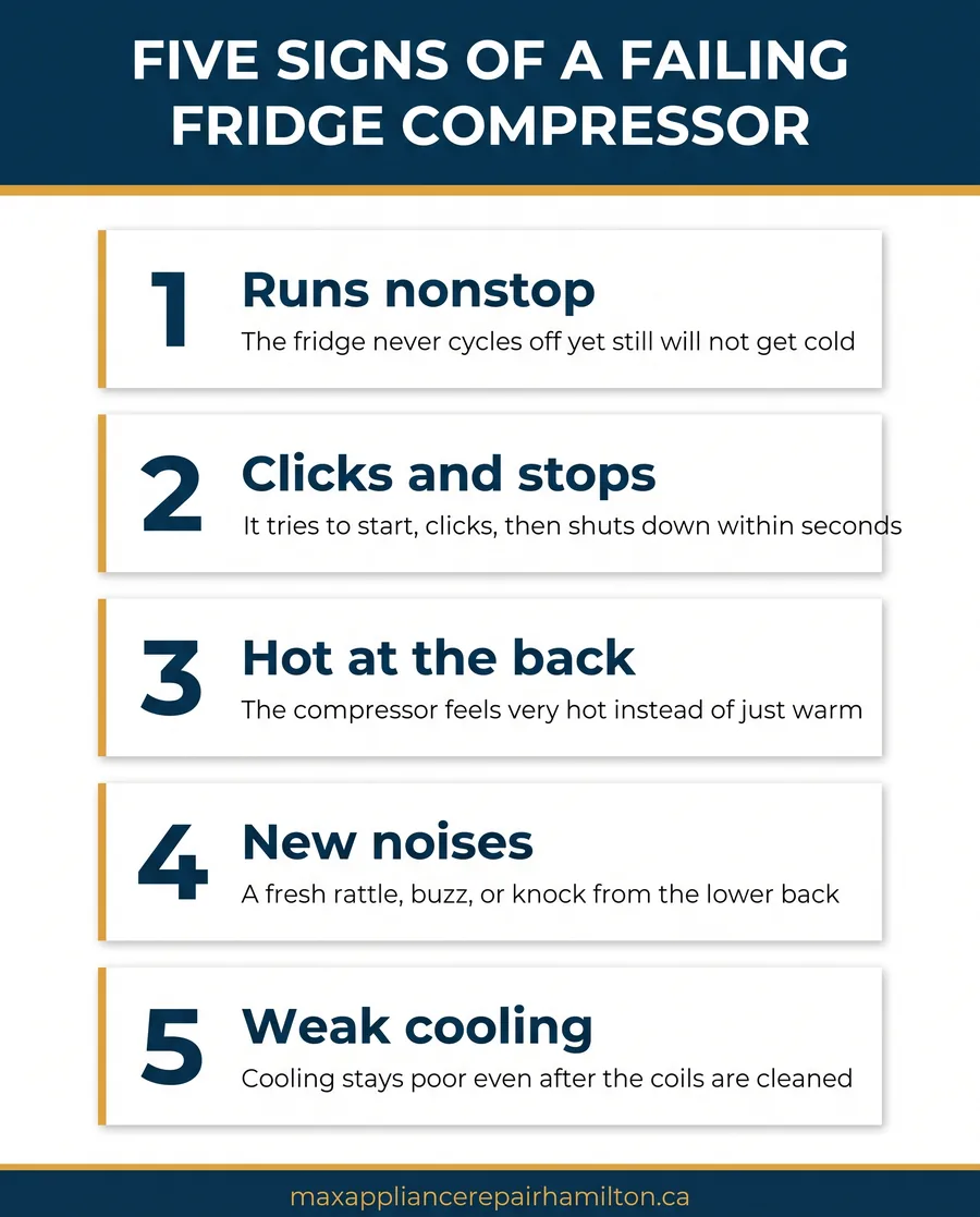 Infographic detailing five major symptoms of a failing refrigerator compressor