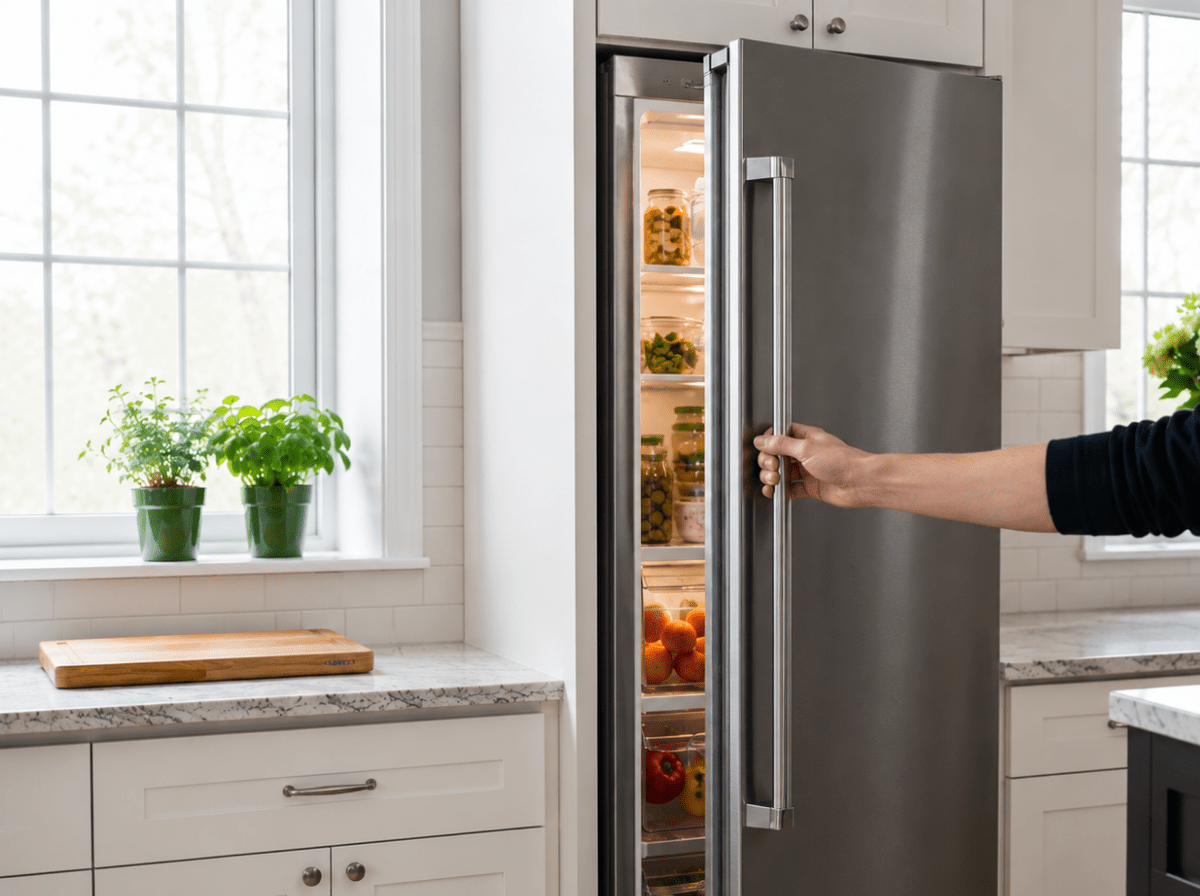Open refrigerator showing food that is not staying cold due to compressor issues