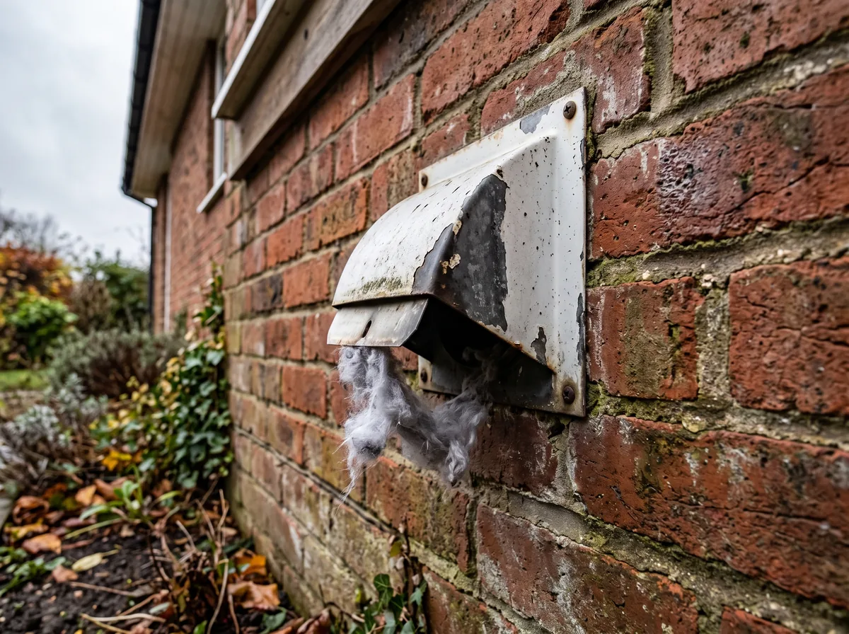 Exterior dryer vent hood on a brick house with lint caught in the flap