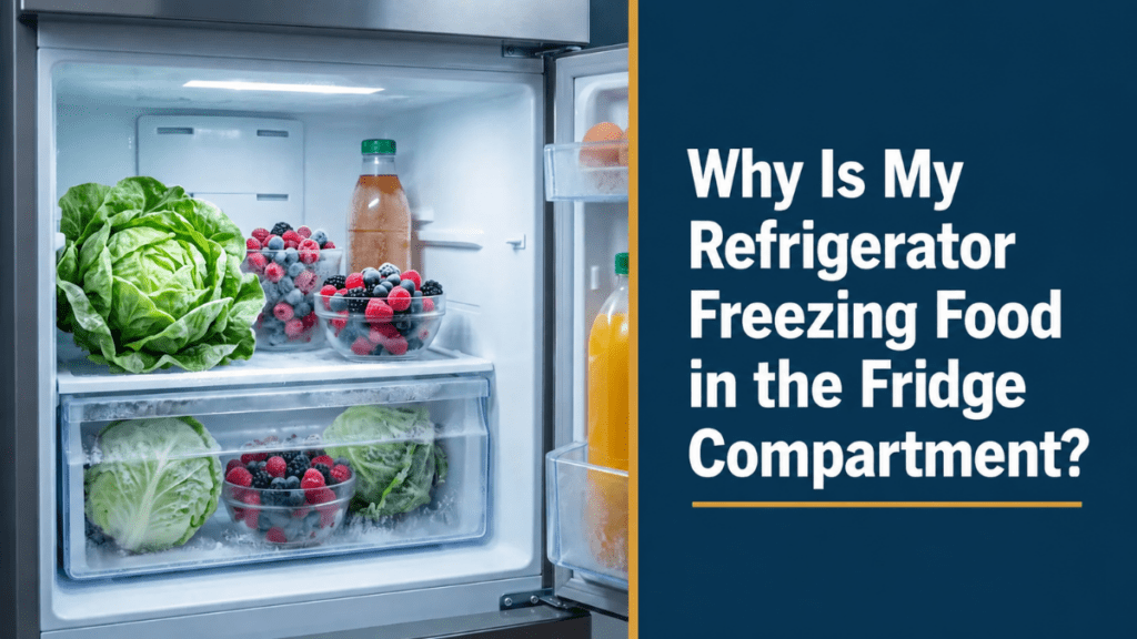 Frost-covered produce and a frozen drink inside a fridge, showing a refrigerator freezing food